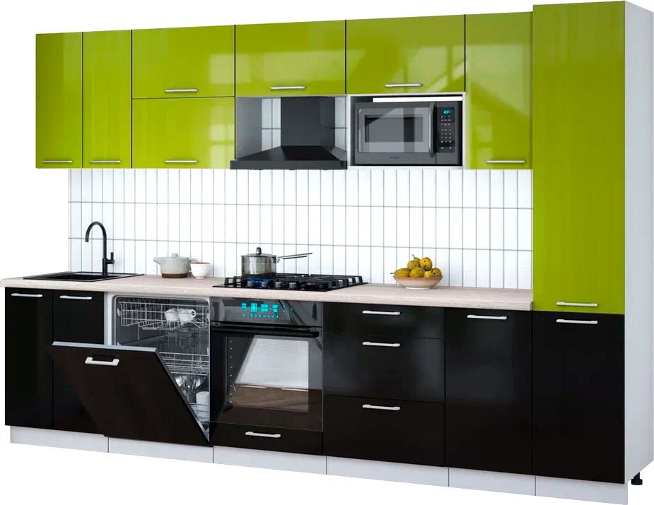 

Готовая кухня Интерлиния Мила Gloss 3.2-ПМ2 (черный глянец/яблоко глянец/травертин серый)