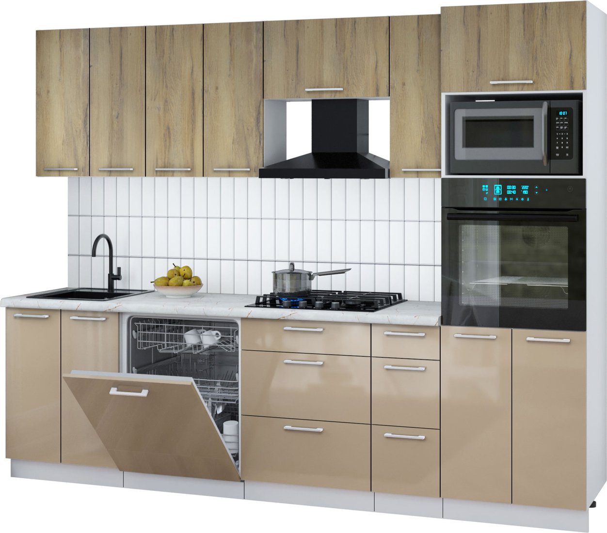 

Готовая кухня Интерлиния Мила Gloss 2.7-ПМ1 (капучино глянец/дуб вотан/серый каспий)