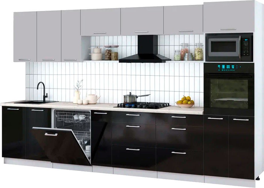 

Готовая кухня Интерлиния Мила Gloss 3.5-ПМ1-2 (черный глянец/грей/бискайская сосна)