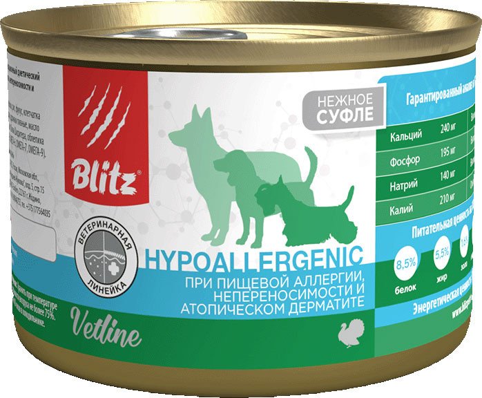 

Консервированный корм для собак Blitz Pets Dog Vetline Hypoallergenic индейка 4121В (200 г)