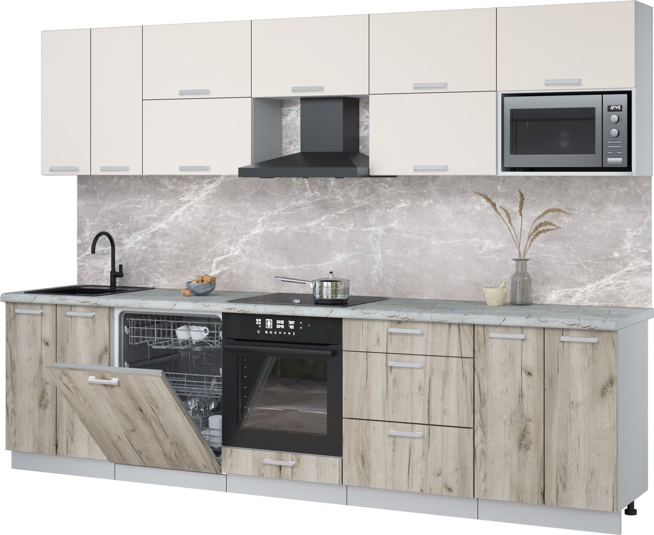 

Готовая кухня Интерлиния Мила Лайт 3.0-ПМ2 (персидский жемчуг/дуб серый/серый каспий)