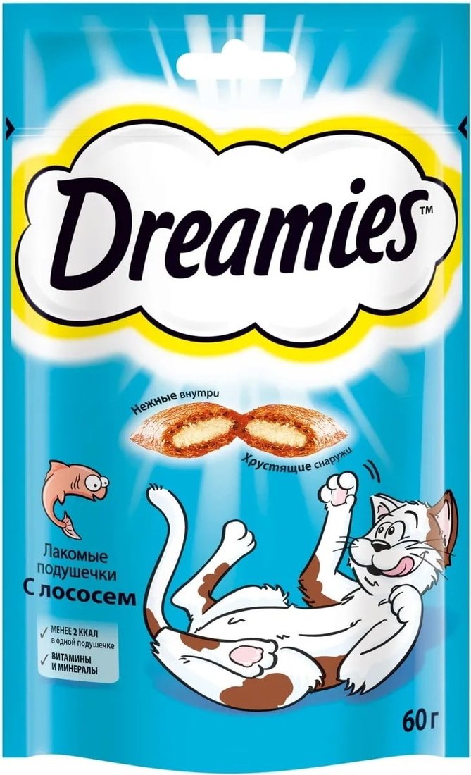 

Лакомство для кошек Dreamies лакомые подушечки с лососем 60 г