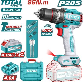 Ударная дрель-шуруповерт Total TIDLI20968 (с 2-мя АКБ, кейс)