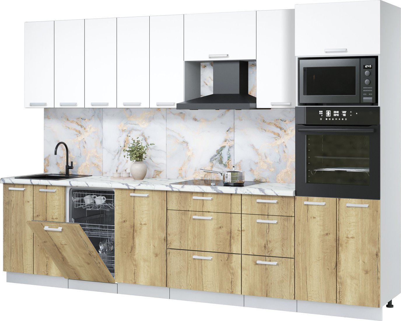 

Готовая кухня Интерлиния Мила Лайт 3.1-ПМ3 (белый платинум/дуб золотой/белый гранит)