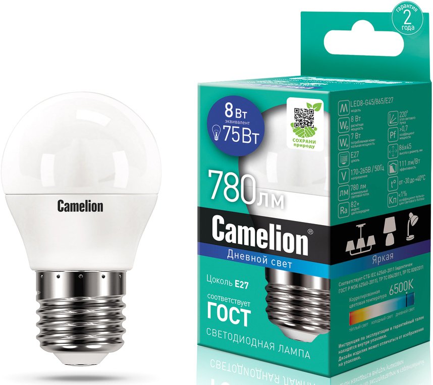 

Светодиодная лампочка Camelion LED8-G45/865/E27