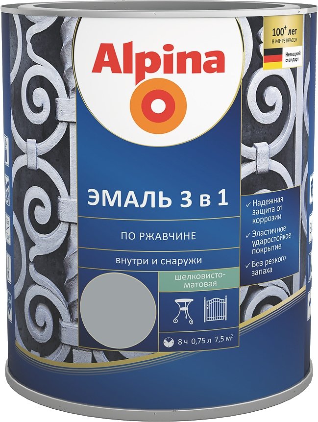 

Эмаль Alpina По ржавчине 3 в 1 RAL7040 0.75 л (шелковисто-матовый серый)