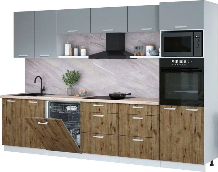 

Готовая кухня Интерлиния Мила Лайт 3.2-ПМ1 (серебро/дуб веллингтон/травертин серый)