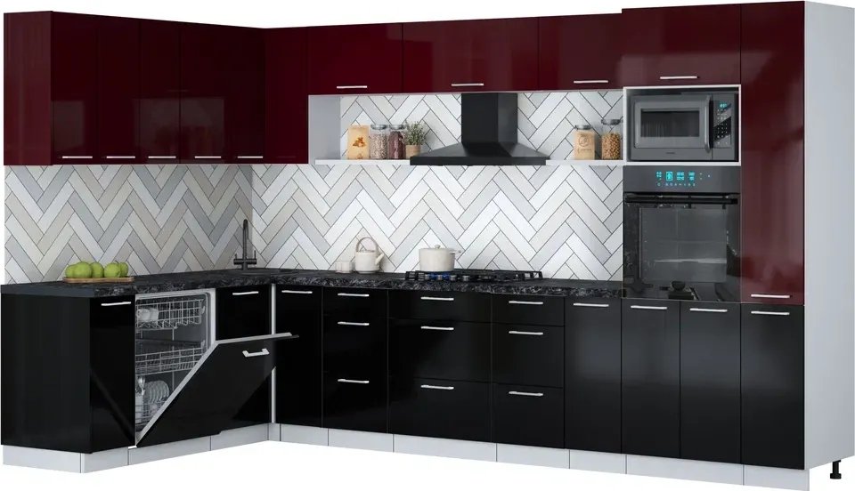 

Готовая кухня Интерлиния Мила Gloss 1.896х3.48 (черный глянец/бордовый глянец/кастилло темный)