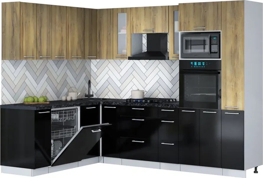 

Готовая кухня Интерлиния Мила Gloss 1.896х2.68 (черный глянец/дуб вотан/кастилло темный)