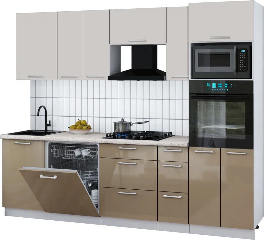 

Готовая кухня Интерлиния Мила Gloss 2.6-ПМ1 (капучино глянец/кашемир/травертин серый)