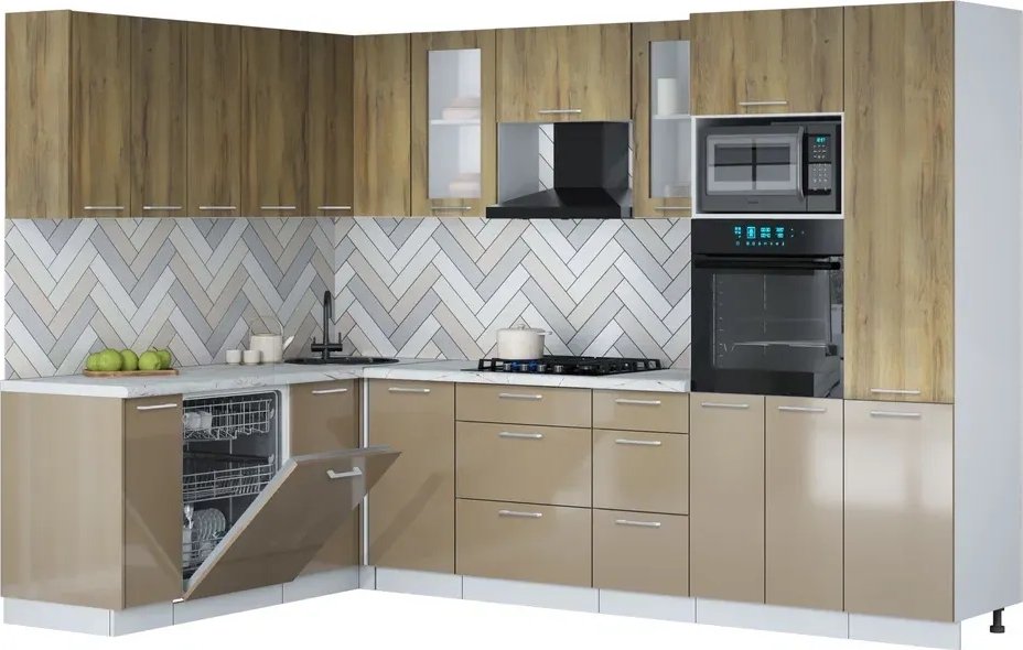 

Готовая кухня Интерлиния Мила Gloss 1.896х2.98 (капучино глянец/дуб вотан/серый каспий)