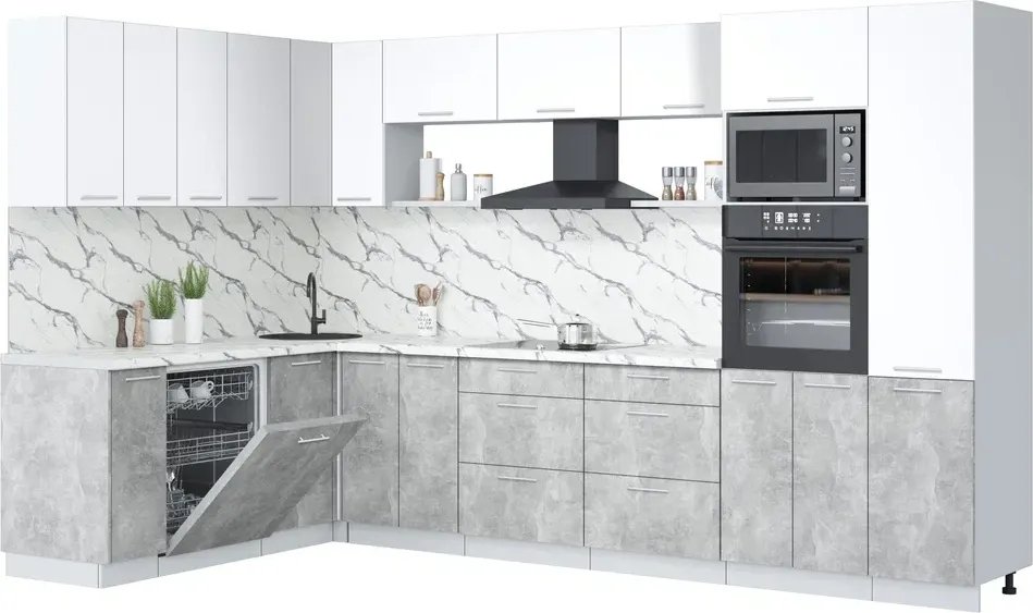 

Готовая кухня Интерлиния Мила Лайт 1.896х3.38 (белый платинум/бетон/белый гранит)