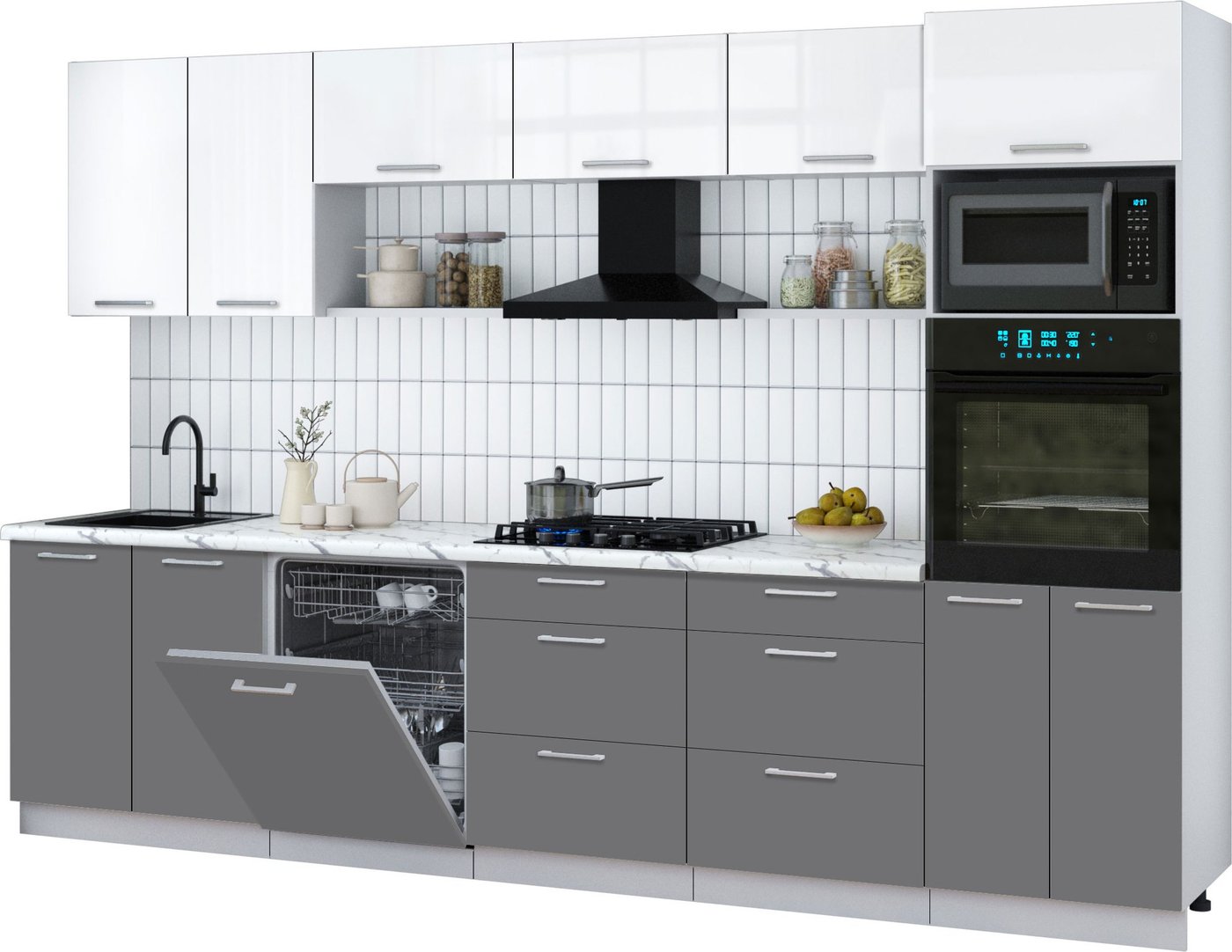 

Готовая кухня Интерлиния Мила Gloss 3.2-ПМ1 (серый/белый глянец/белый гранит)