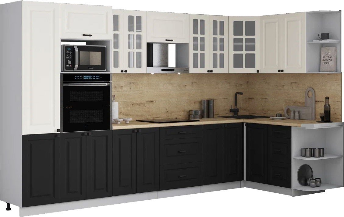 

Готовая кухня Интерлиния Мила Деко 1.68x3.4 PR (черный/белый/дуб бунратти)