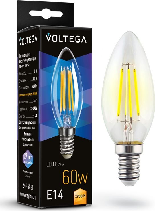 

Светодиодная лампочка Voltega Crystal Candle 6W 2700K E14