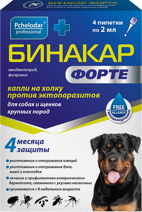 Капли от блох и клещей Pchelodar Бинакар Форте от эктопаразитов для собак/щенков крупных пород (4 пипетки)