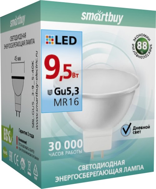 

Светодиодная лампочка SmartBuy MR16 GU5.3 9.5 Вт 4000 К [SBL-GU5_3-9_5-40K]