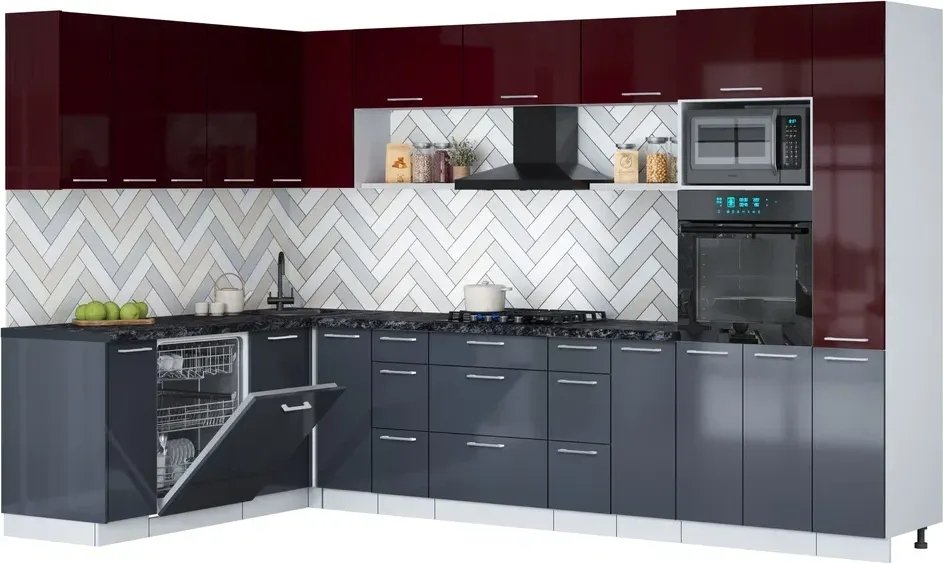 

Готовая кухня Интерлиния Мила Gloss 1.896х3.28 (асфальт глянец/бордовый глянец/кастилло темный)