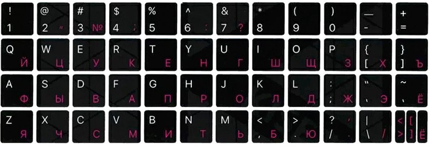 

Наклейки с русской раскладкой KST ENRU-V50106 (для MacBook, черная основа/розовые символы)