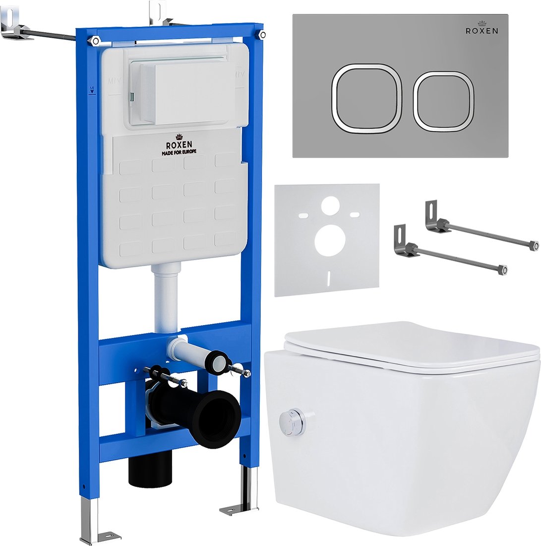 

Унитаз подвесной Roxen Cube Bidet One Rimless 6 в 1 StounFix Dual Fresh 569118 (кнопка: матовая)