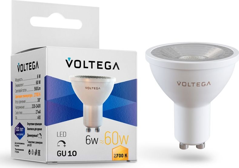 

Светодиодная лампочка Voltega Simple MR16 6W 2700K 38° GU10 DIM