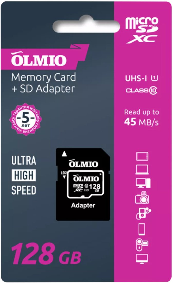 

Карта памяти Olmio microSDXC 128GB V30 UHS-I Class 3 (U3)