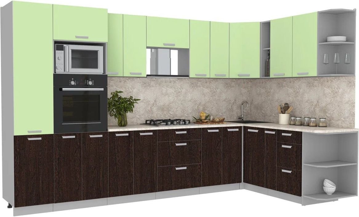 

Готовая кухня Интерлиния Мила Лайт 1.68x3.4 правая (салатовый/дуб венге/малага)