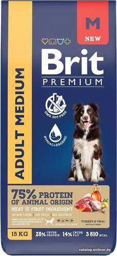 Сухой корм для собак Brit Premium Adult Medium с индейкой и телятиной 15 кг