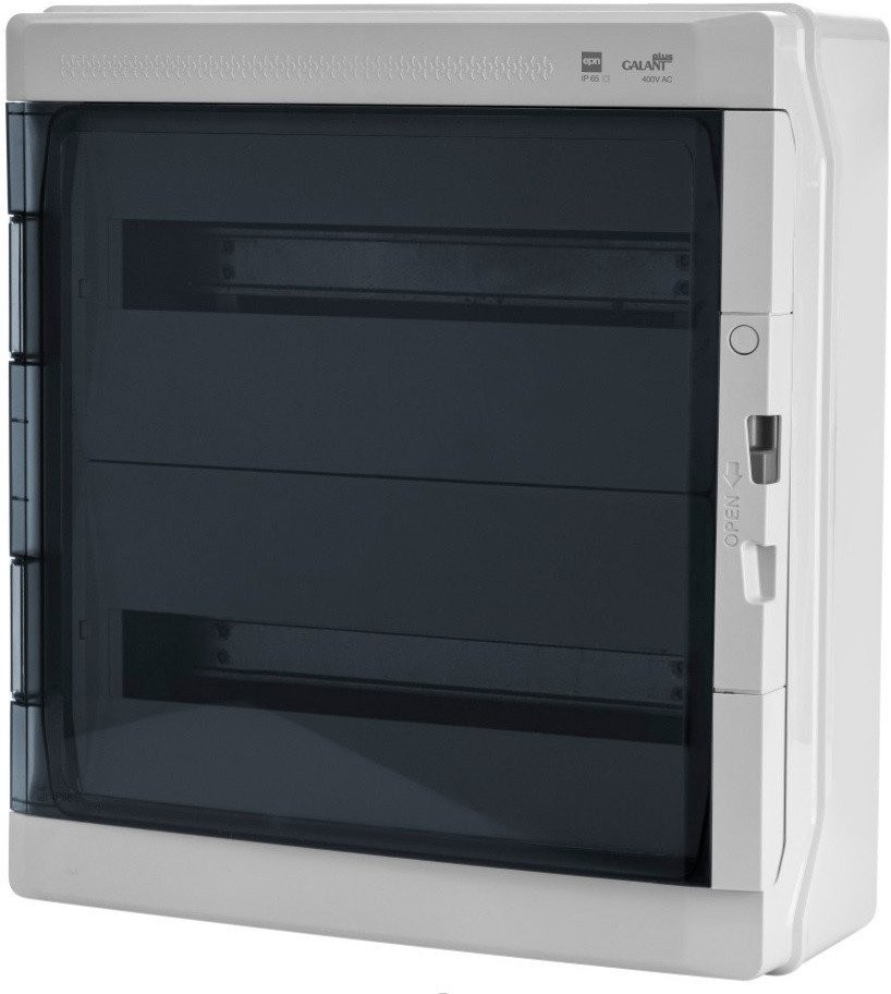 

Бокс пластиковый Elektro-Plast GALANT 2x18M, N/PE 4x 10x16+10x10mm2, дымчатая пласт. дверь, светло-серый RAL7035, 464x432x160mm, IP65