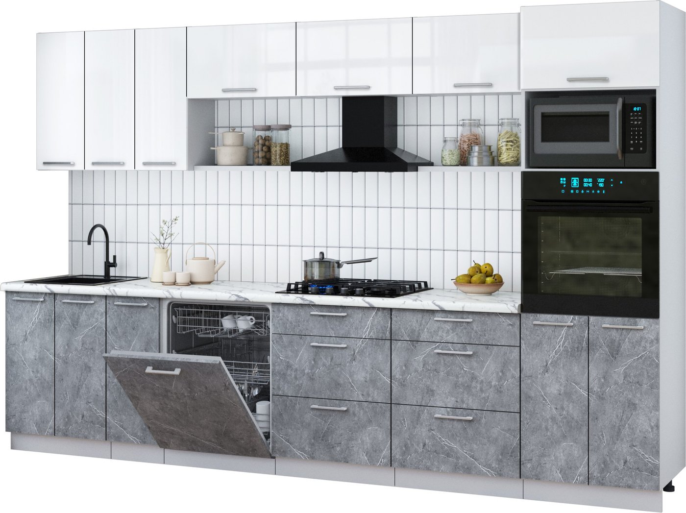 

Готовая кухня Интерлиния Мила Gloss 3.3-ПМ1-2 (керамика/белый глянец/белый гранит)