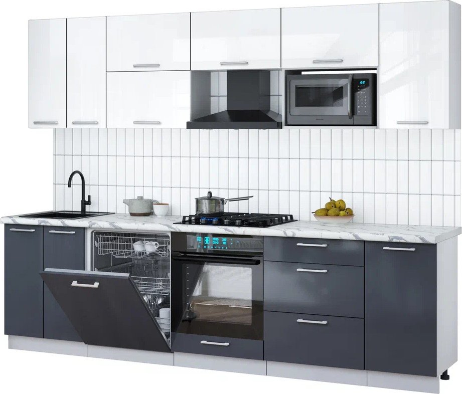 

Готовая кухня Интерлиния Мила Gloss 2.8-ПМ2 (асфальт глянец/белый глянец/белый гранит)