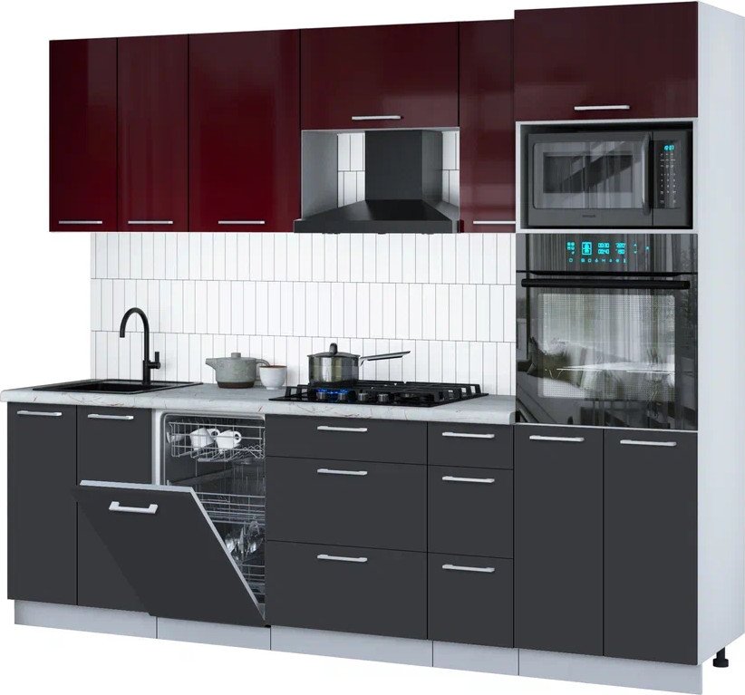 

Готовая кухня Интерлиния Мила Gloss 2.55-ПМ3 (пепел/бордовый глянец/серый каспий)