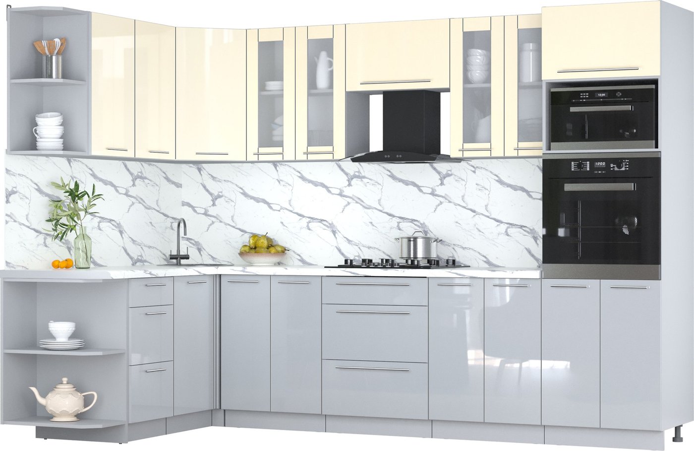 

Готовая кухня Интерлиния Мила Пластик 1.68x3.0 LV (ваниль/туманный глянец/белый гранит)