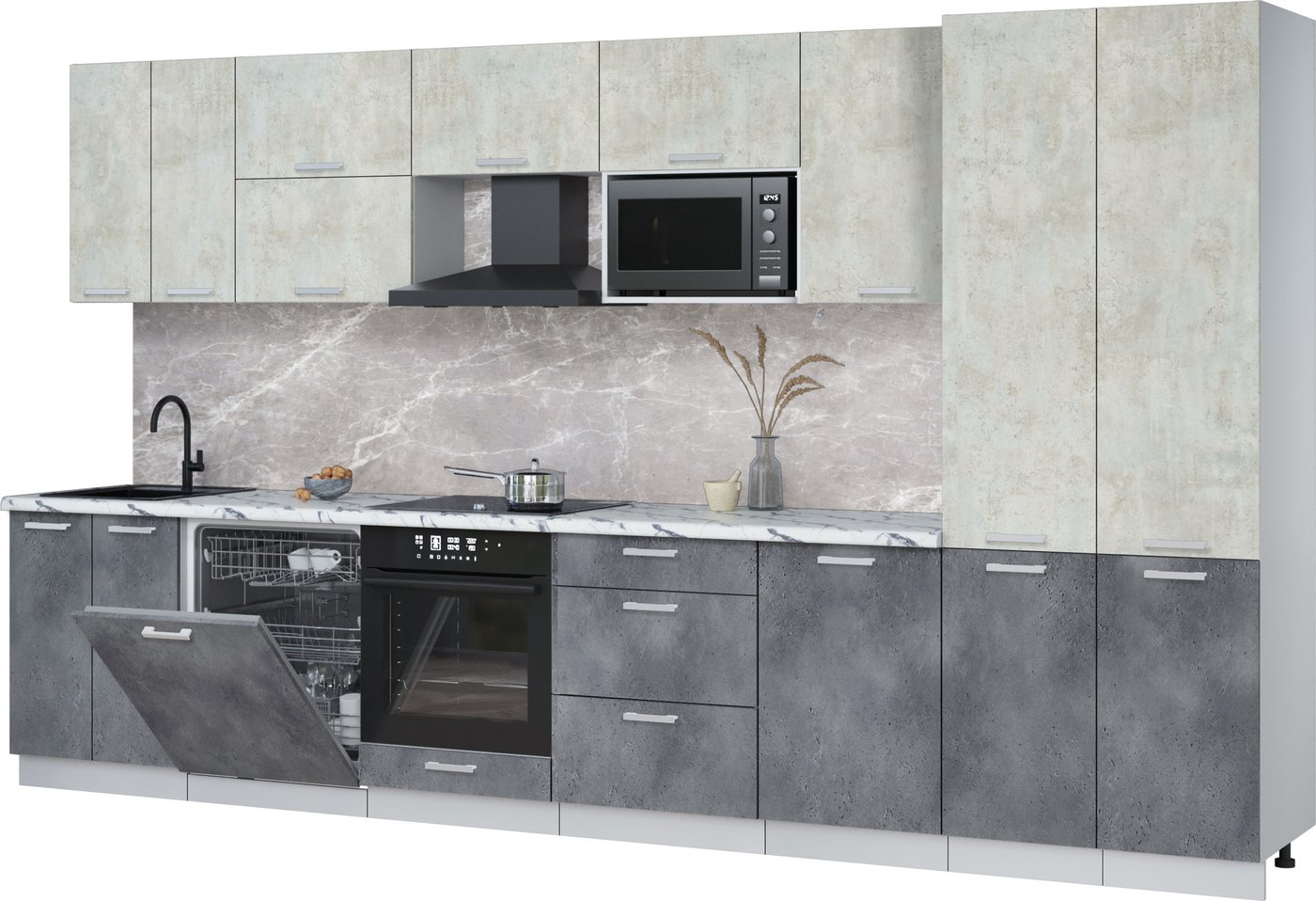 

Готовая кухня Интерлиния Мила Лайт 3.7-ПМ2 (бетон лайт/бетон портленд/белый гранит)