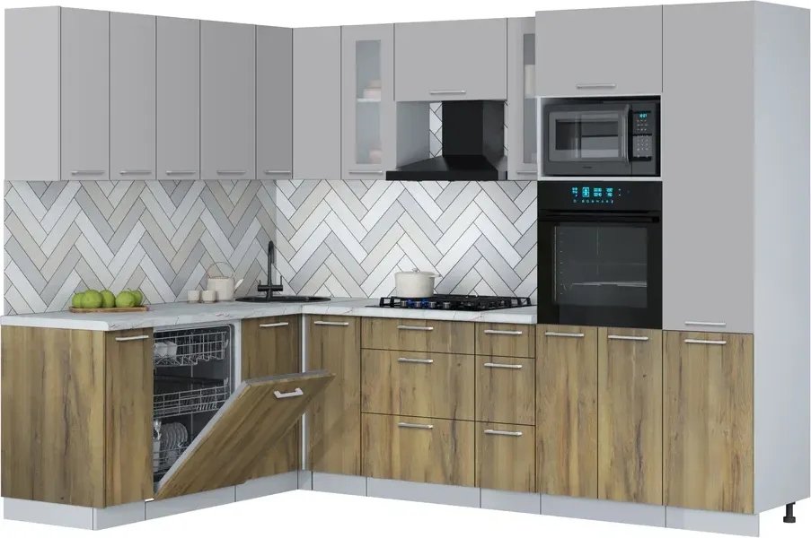 

Готовая кухня Интерлиния Мила Gloss 1.896х2.78 (дуб вотан/грей/серый каспий)