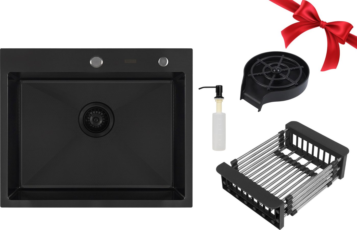 

Кухонная мойка ARFEKA ECO AR мойка 600*500, коландер, дозатор Black Decor+ринзер