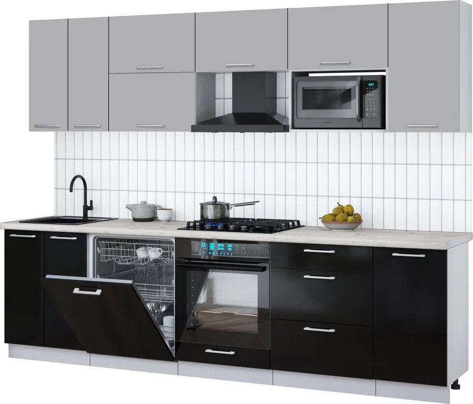 

Готовая кухня Интерлиния Мила Gloss 2.8-ПМ2 (черный глянец/грей/бискайская сосна)