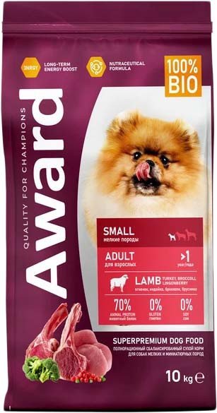 

Сухой корм для собак Award Adult Small для взрослых мелких и миниатюрных пород с ягненком, индейкой с добавлением брокколи и брусники 10 кг