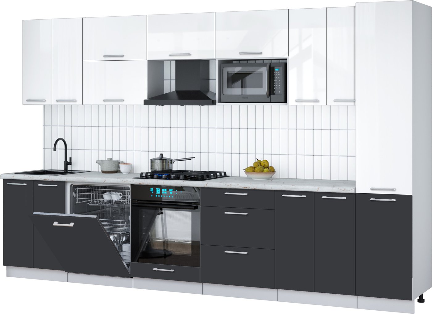 

Готовая кухня Интерлиния Мила Gloss 3.4-ПМ2 (пепел/белый глянец/серый каспий)