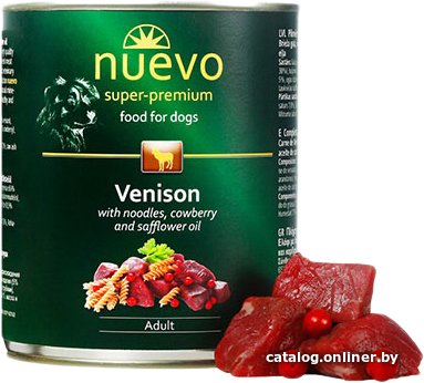 

Консервированный корм для собак Nuevo Adult Venison with pasta, cranberry and safflower oil (Оленина с макаронами, клюквой и сафлоровым маслом) 0.4 кг