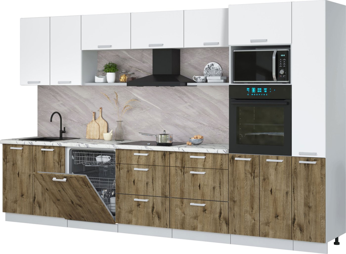 

Готовая кухня Интерлиния Мила Лайт 3.5-ПМ1 (белый платинум/дуб веллингтон/белый гранит)