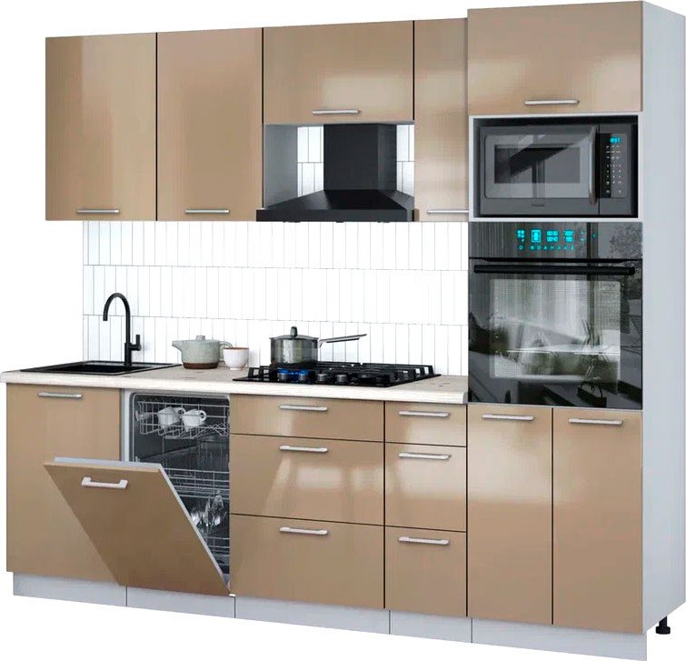 

Готовая кухня Интерлиния Мила Gloss 2.45-ПМ3 (капучино глянец/капучино глянец/бискайская сосна)