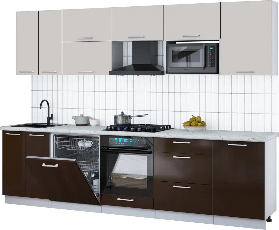 

Готовая кухня Интерлиния Мила Gloss 2.9-ПМ2 (шоколад глянец/кашемир/серый каспий)