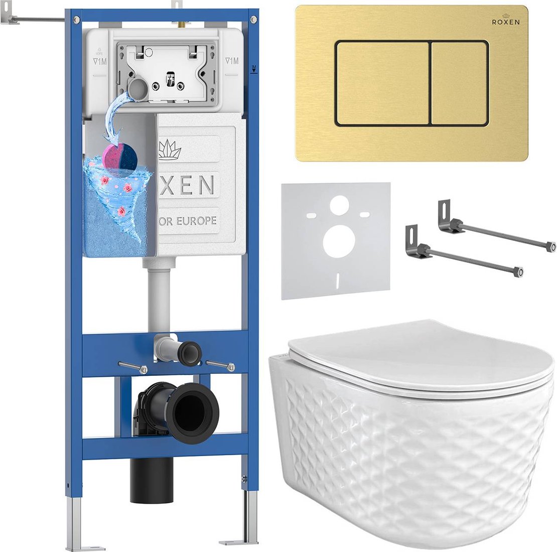 

Унитаз подвесной Roxen Vine Tornado в комплекте с инсталляцией StounFix Dual Fresh 6 в 1 979022 (кнопка: брашированное золото)