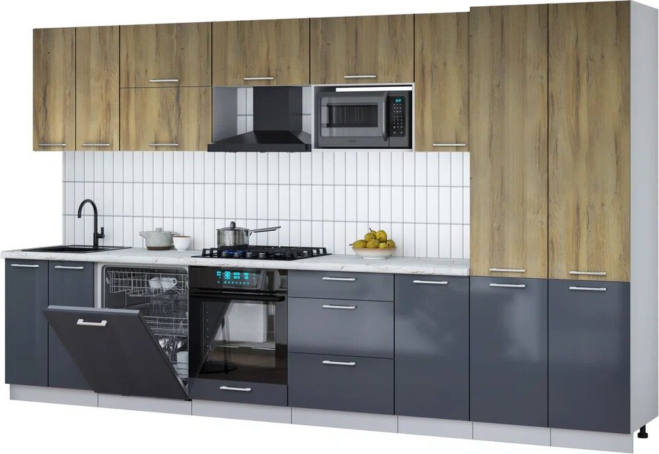 

Готовая кухня Интерлиния Мила Gloss 3.6-ПМ2 (асфальт глянец/дуб вотан/серый каспий)