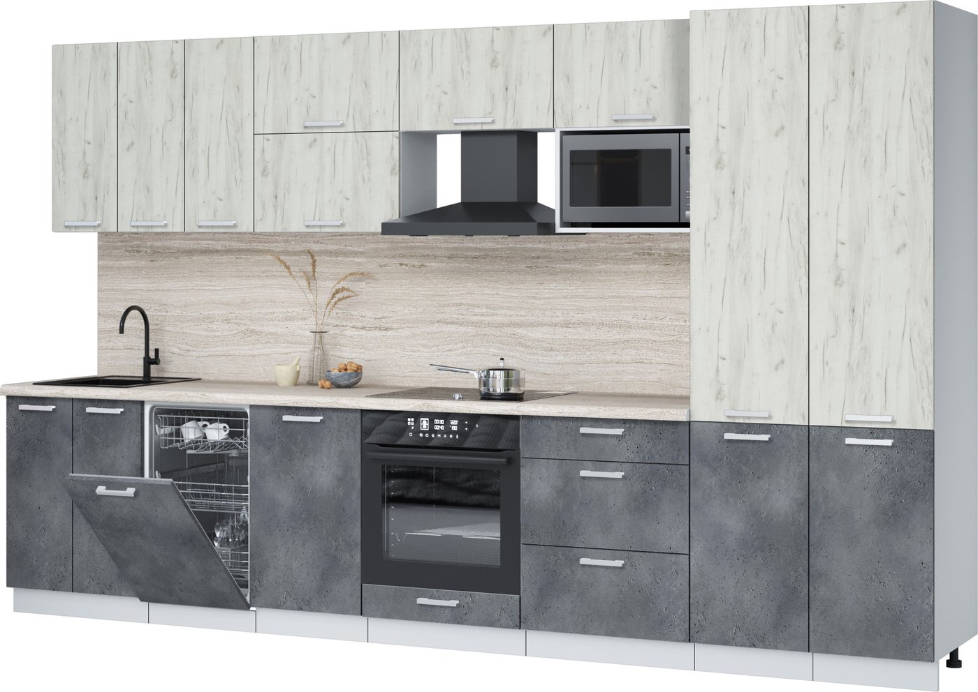 

Готовая кухня Интерлиния Мила Лайт 3.5-ПМ4 (дуб белый/бетон портленд/травертин серый)