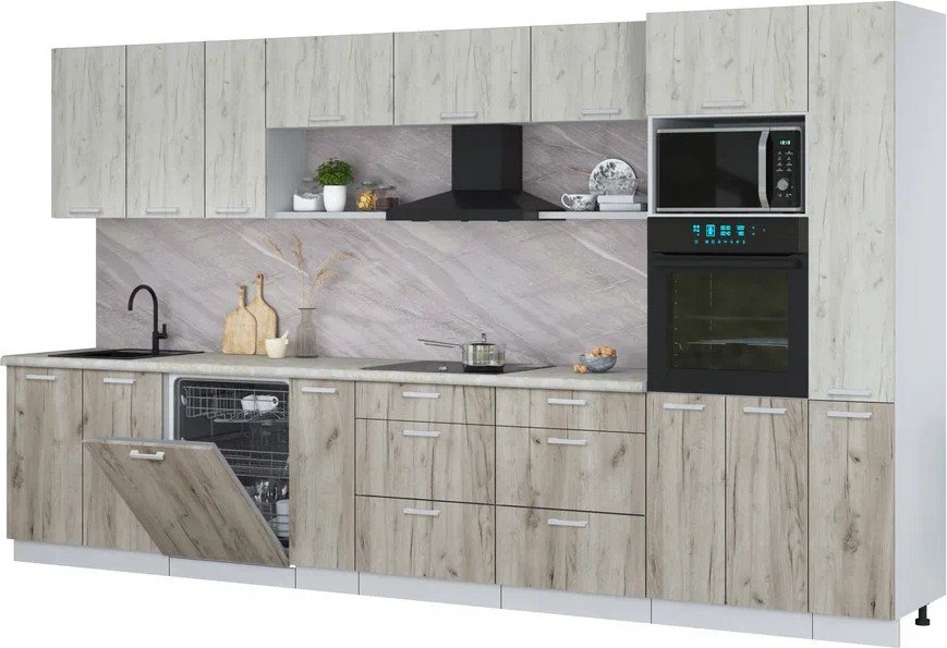 

Готовая кухня Интерлиния Мила Лайт 3.8-ПМ1 (Дуб белый/Дуб серый/Опал светлый)