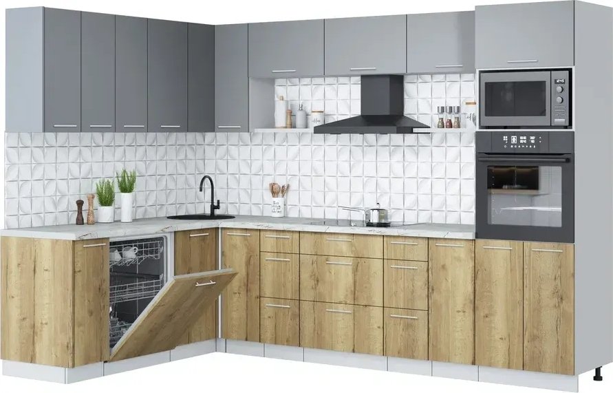 

Готовая кухня Интерлиния Мила Лайт 1.896х2.98-2 (серебро/дуб золотой/серый каспий)