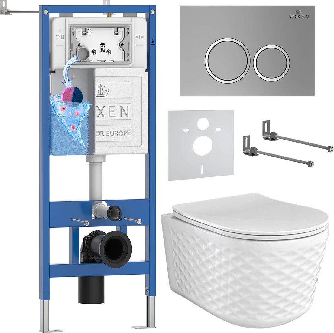 

Унитаз подвесной Roxen Vine Tornado в комплекте с инсталляцией StounFix Dual Fresh 6 в 1 979010 (кнопка: хром матовый)