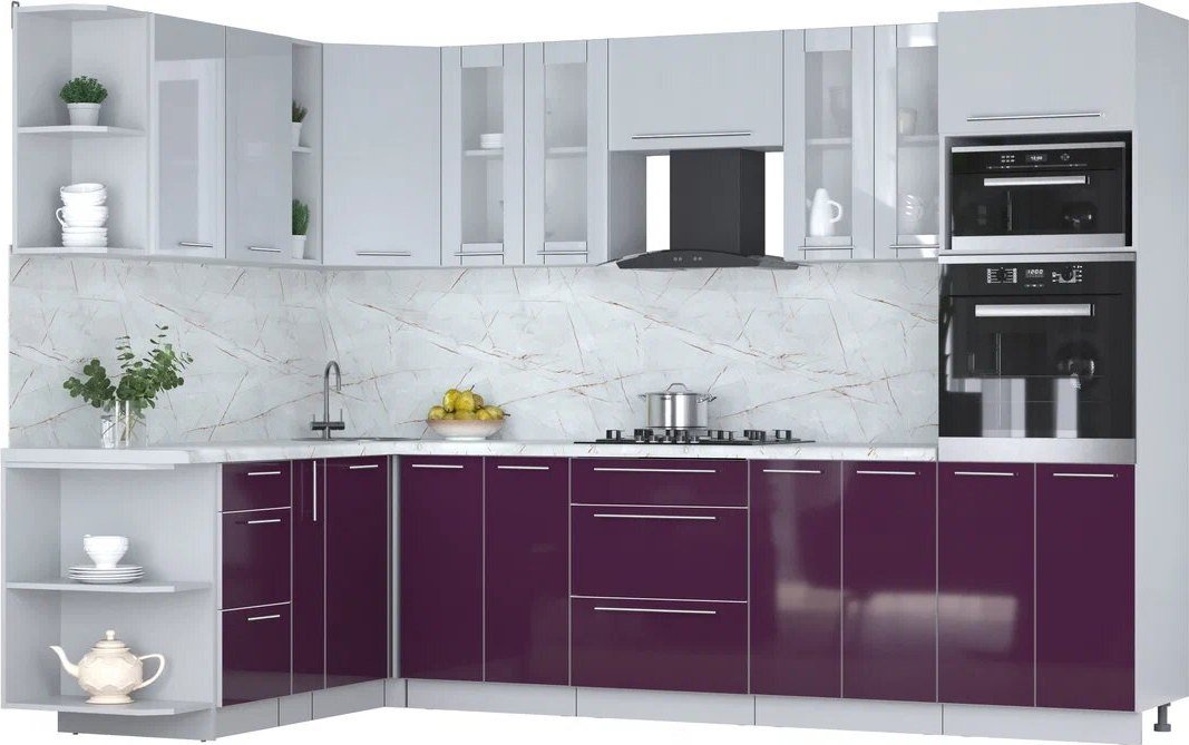 

Готовая кухня Интерлиния Мила Пластик 1.88x3.0 LV (туманный глянец/слива/серый каспий)